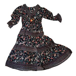 Angie Boho Floral Peasant Dress Tassel Tiered Tassel Black Festival Midi Large